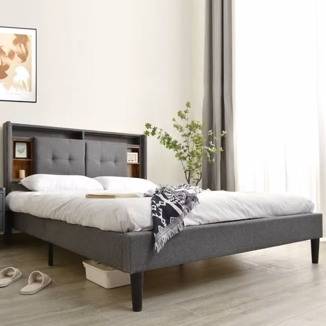 Letto matrimoniale REDOM grigio con testiera contenitore, porta USB, illuminazione sottostante e ripiani laterali, L/P/H: 140 x 200 x 107 cm