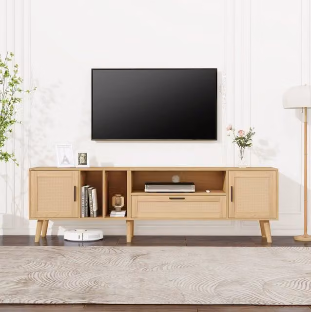Mobile TV in truciolato con decorazioni in rattan, 180 cm, 2 ante, 1 cassetto e supporto fino a 80 pollici, gambe in legno massiccio