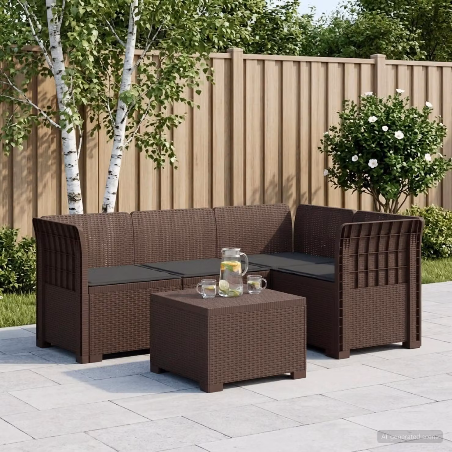 Set da giardino angolo vidaXL con divano a L, elemento d'angolo e tavolino da caffè, design moderno in rattan con cuscini inclusi, resistente alle intemperie, disponibile in marrone o antracite