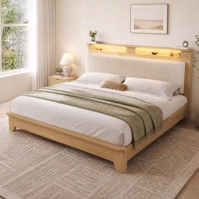 Letto matrimoniale 160 × 200 cm con materasso; testiera a ripiani e LED telecomandato; rovere chiaro e beige
