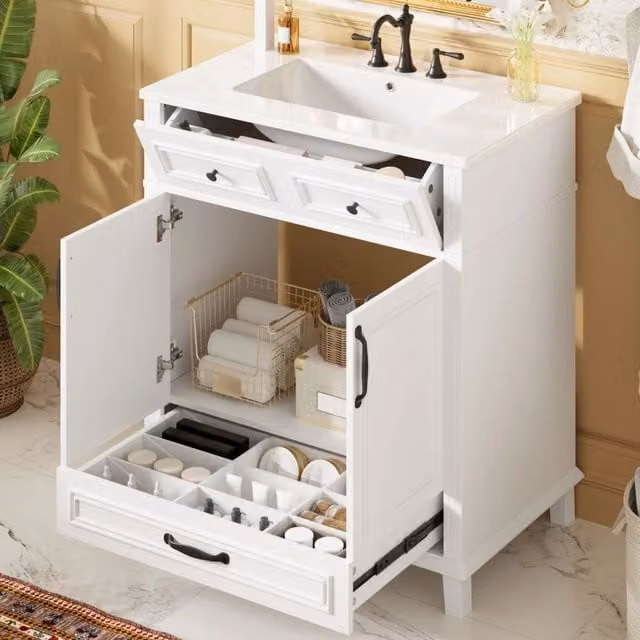 Mobile Sottolavabo da Bagno ¨C Minimal ¨C Bianco 76,7x46,3x85,5 cm con Lavabo Integrato, Ante con Chiusura Morbida
