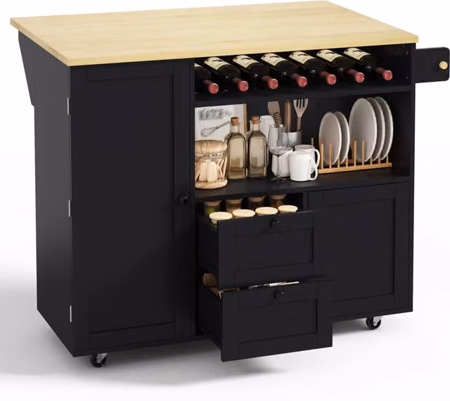 Isola cucina mobile con piano ribaltabile in MDF; naturale e nera; ruote bloccabili; 104 x 45-69 x 89 cm