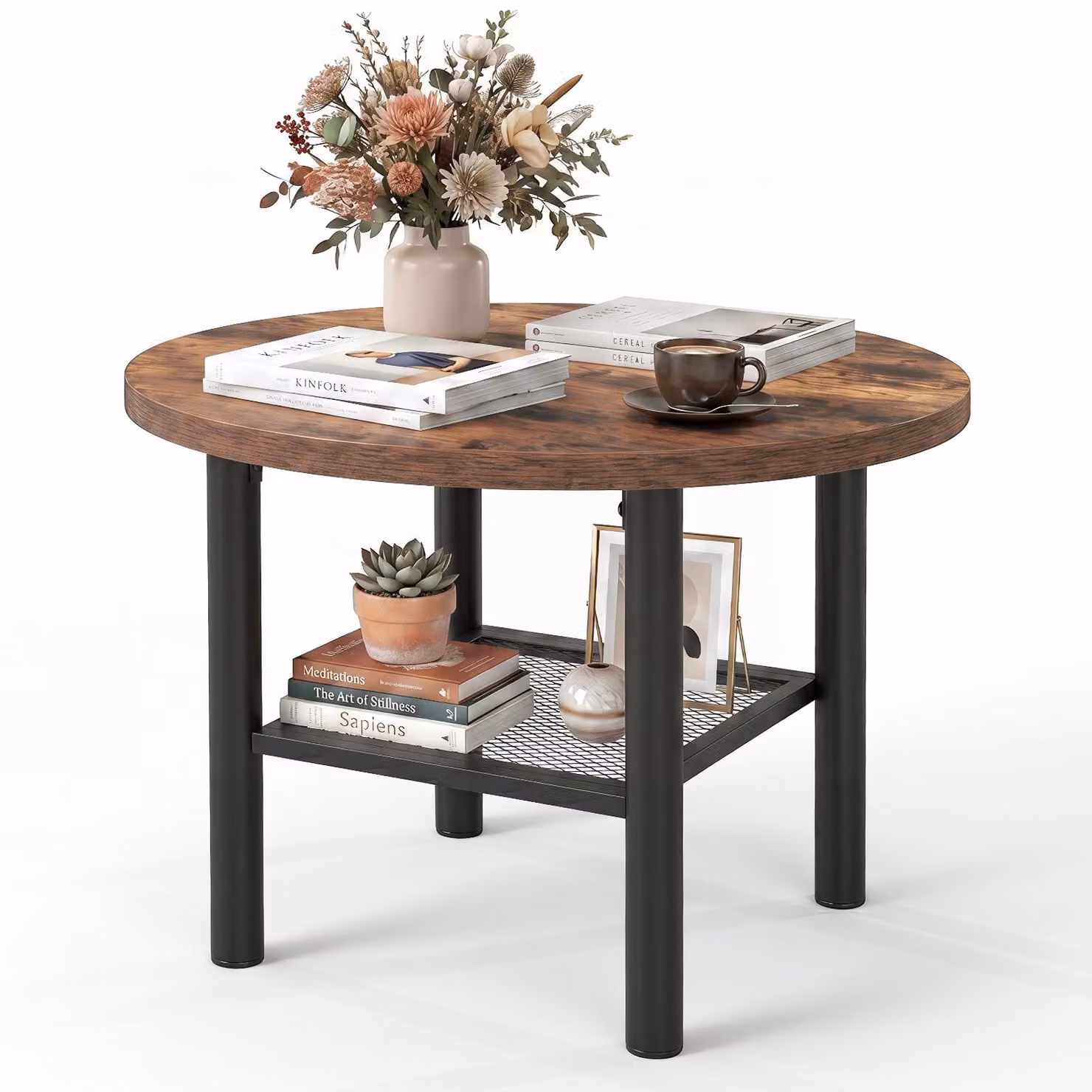 COSTWAY, tavolino rotondo, tavolino da salotto, tavolino ausiliario, struttura in metallo robusta, ripiani in griglia metallica, tavolino da caffè moderno, colore marrone rustico