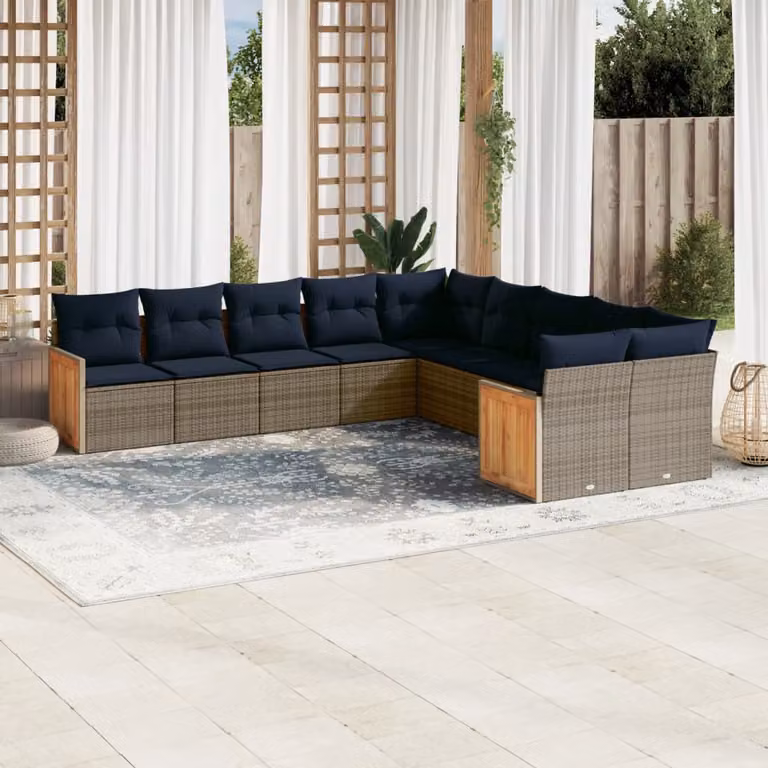 Set di divani da giardino vidaXL in polyrattan con cuscini grigi e blu, design moderno a forma di L per esterno
