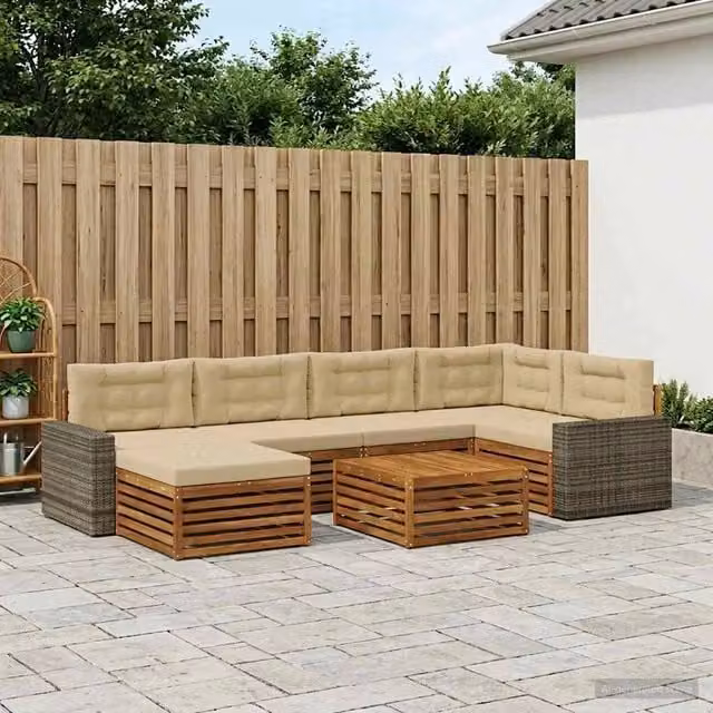 Set di divani da esterno a L vidaXL in legno di acacia e tessuto beige con 7 pezzi inclusi, tra cui tavolino e pouf – 1