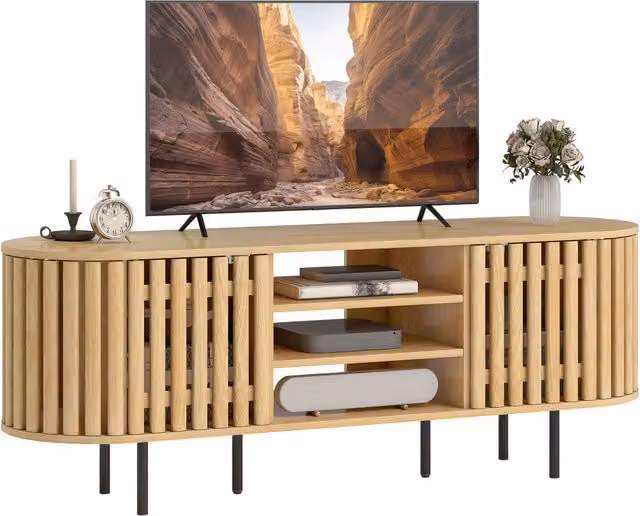 Mobile TV XYLO in legno naturale beige con 2 ante a doghe, stile scandinavo, L 140 cm x P 40 cm x H 52 cm – 1