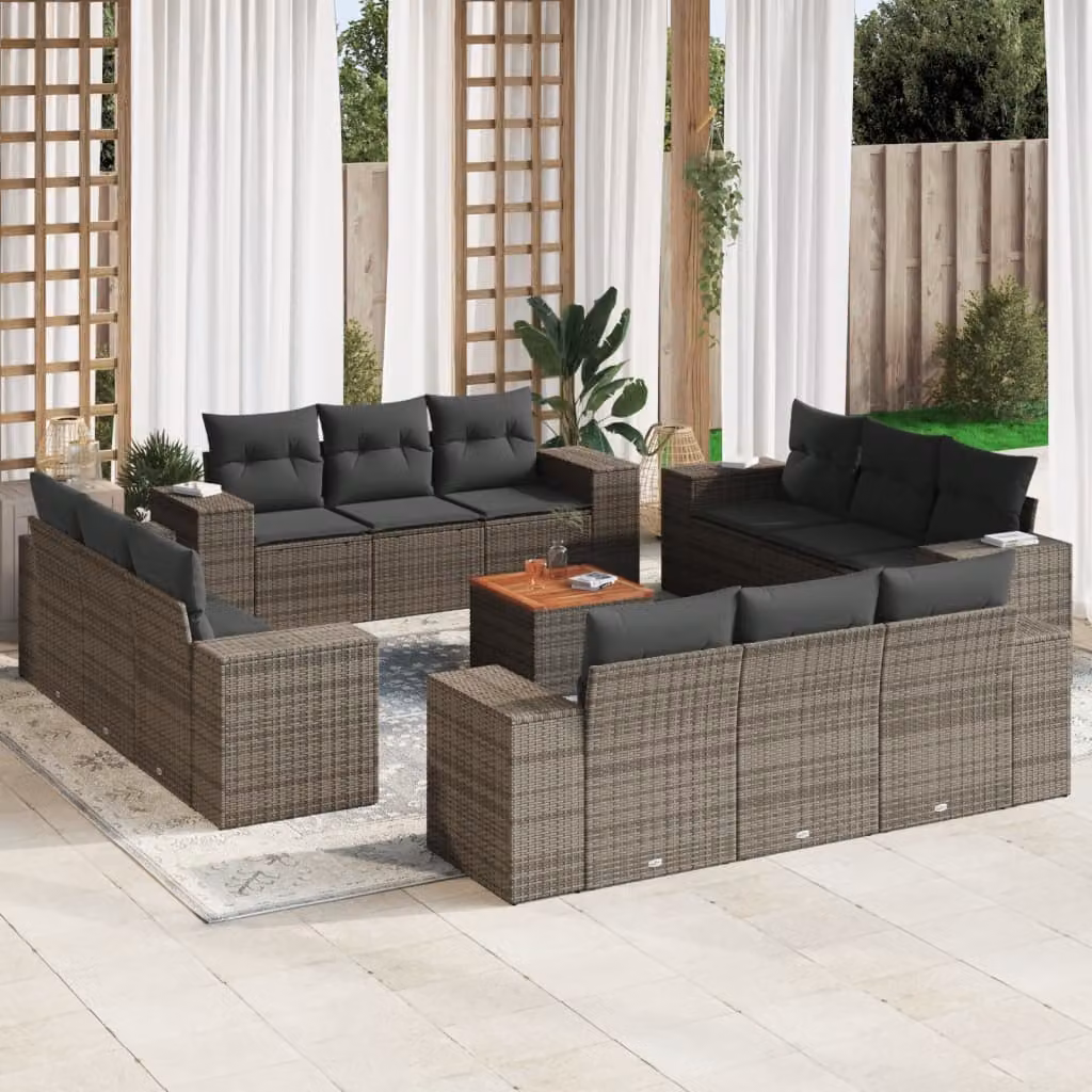 Set di divani da giardino vidaXL in polyrattan grigio con cuscini, 13 pezzi, design a forma di U con tavolino e sedute imbottite per esterno – 1