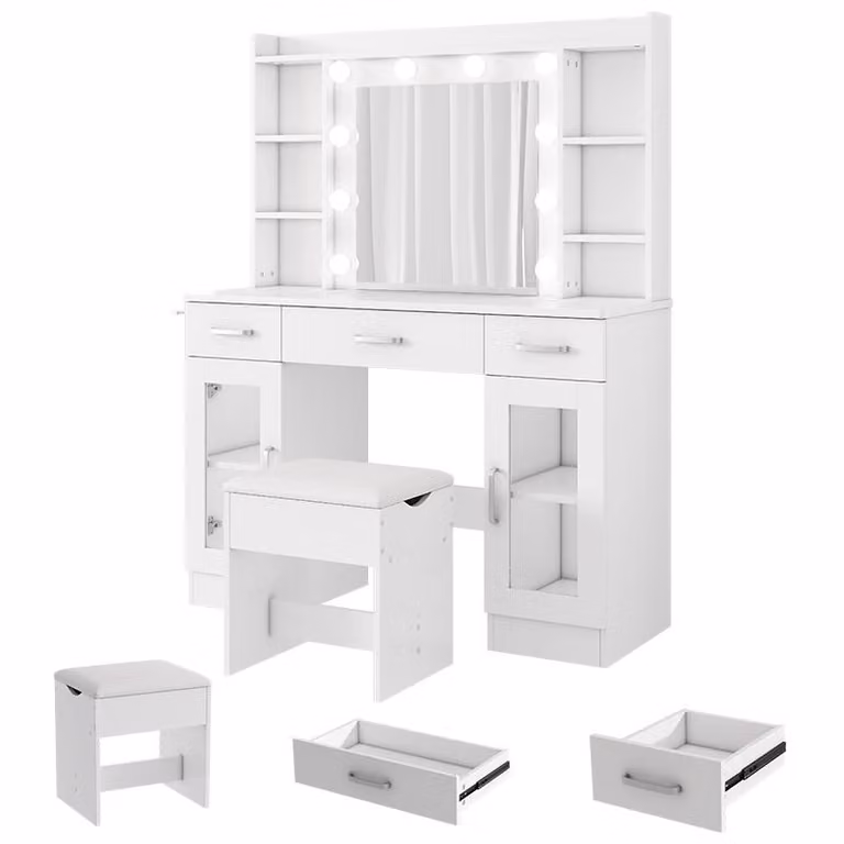 ZELURXX Tavolino da trucco bianco 110×40×145 cm con specchio a LED, 10 luci, 3 tonalità di luce, 2 vetrine trasparenti e 3 cassetti, tavolino da trucco in stile hollywoodiano