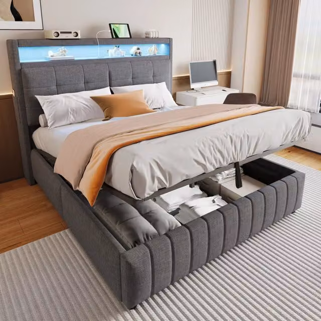 Letto Imbottito REDOM Grigio con Contenitore, Illuminazione LED, Porte USB e Ripiano Integrato, L/P: 160 x 200 cm