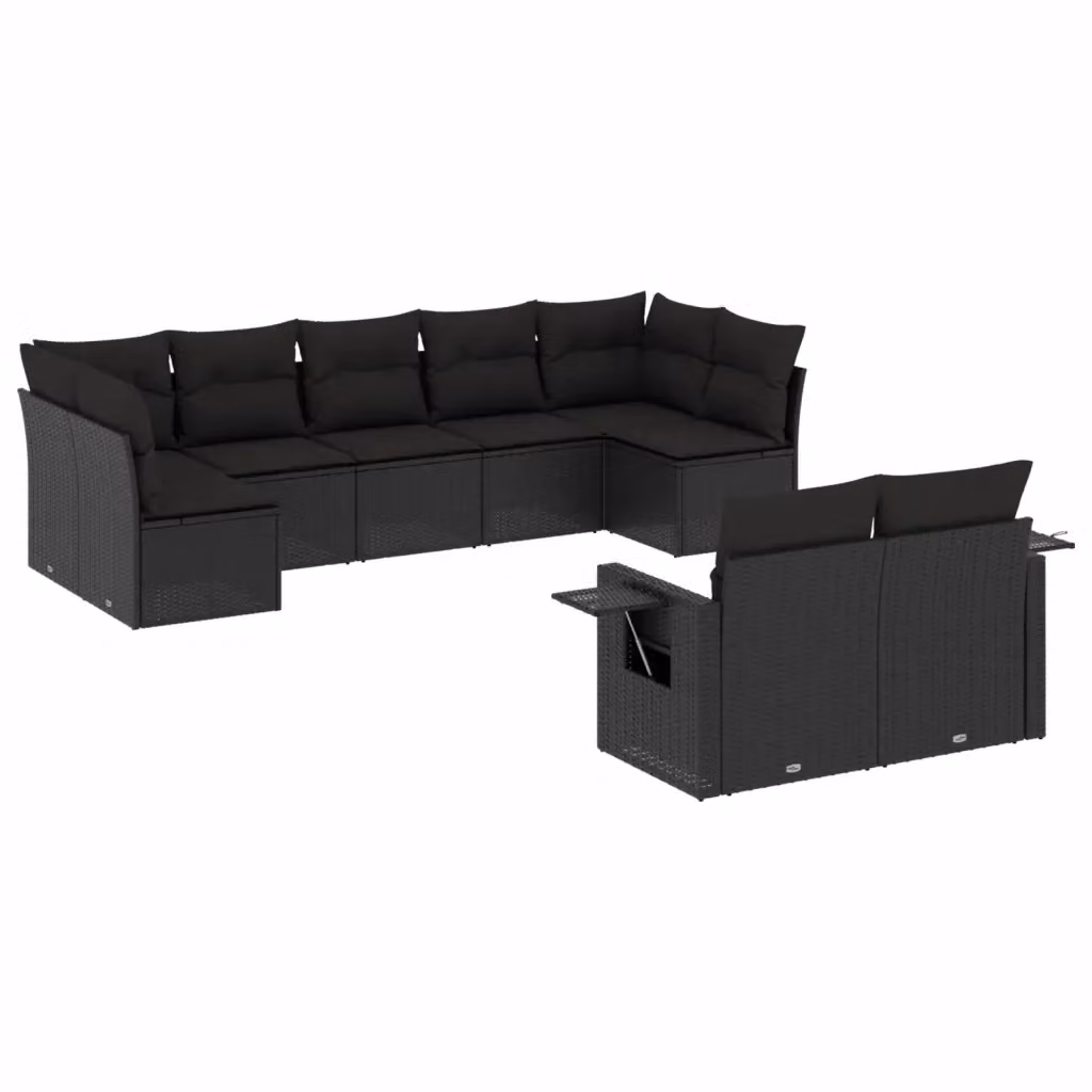 vidaXL Set Divani da Giardino a L 9 pz con Cuscini e Tavolino Nero in Polyrattan e Acciaio – 2