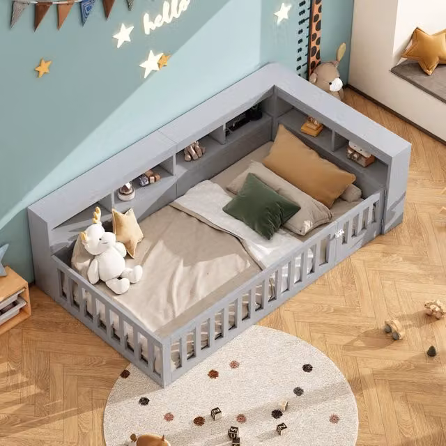 Letto divano singolo OKWISH grigio con vani portaoggetti, porta USB e mensola laterale, L/P/H: 90 x 200 x 51 cm