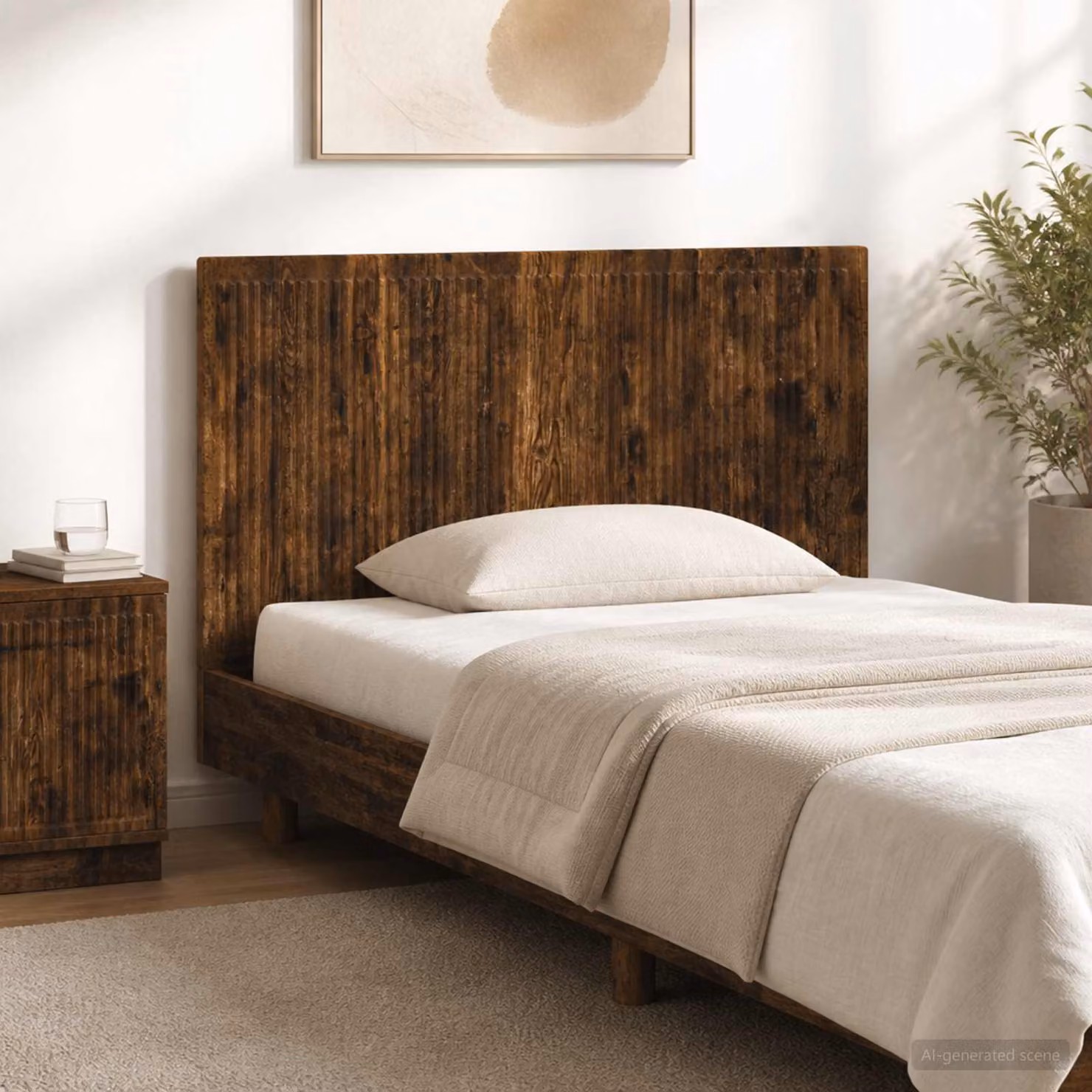 Testiera da muro vidaXL EDE in legno ingegnerizzato Rovere Fumo con mensola integrata e scomparti laterali, marrone opaco