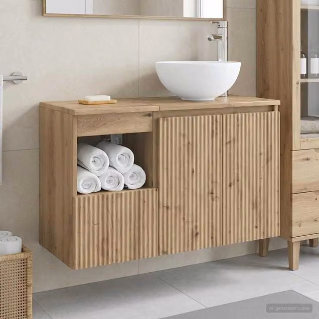 Set di mobili da bagno moderno vidaXL in legno color rovere marrone composto da mobile lavabo e pensile a muro