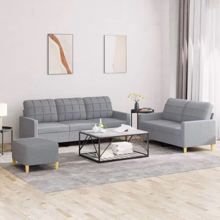 Set di divani vidaXL da 3 pezzi con pouf e cuscini in tessuto grigio per soggiorno