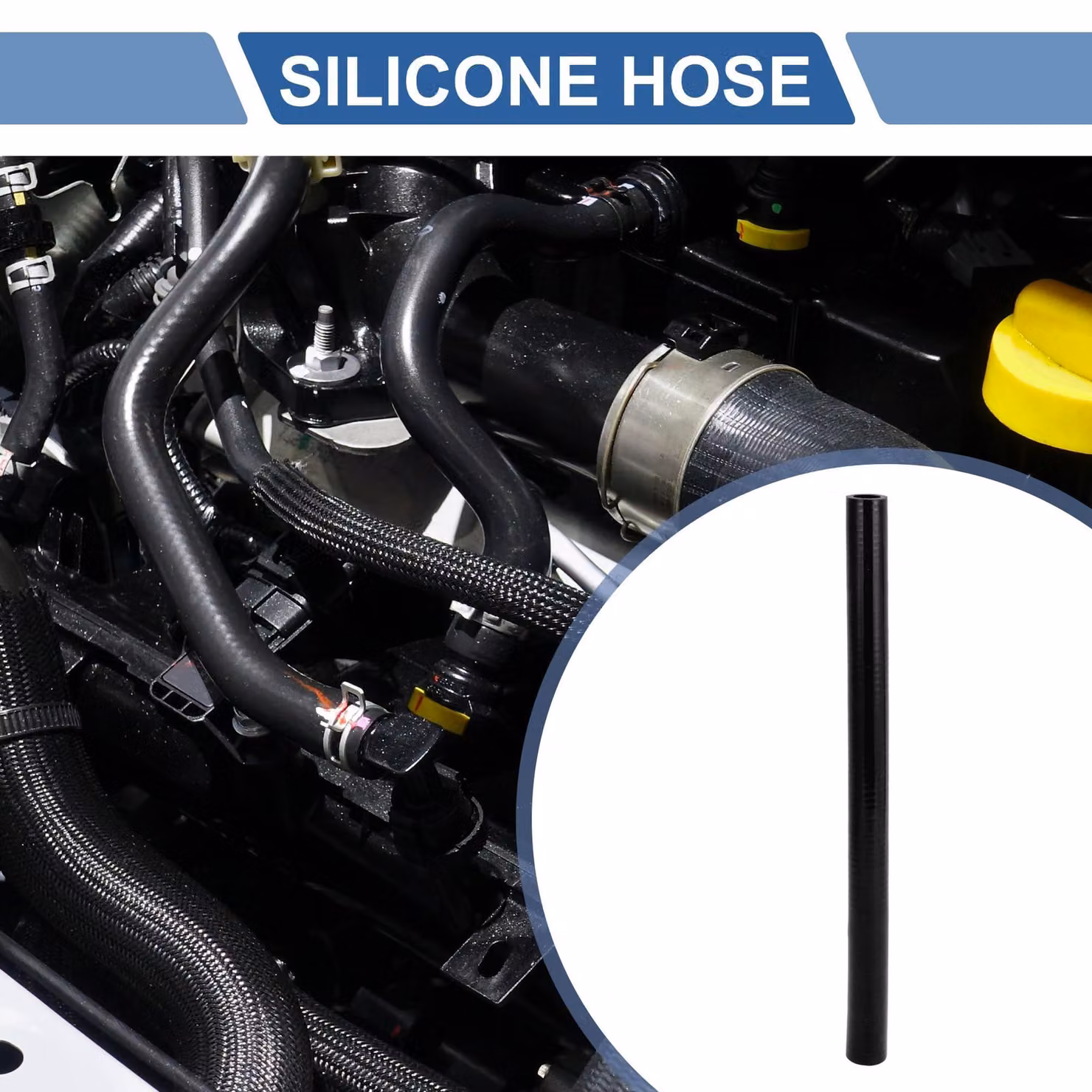 Tubo per liquido di raffreddamento, 500 mm - In silicone - Diametro interno 20 mm - Resistente alle temperature fino a 300 °C - Tessuto multistrato - Nero - Tubo in silicone