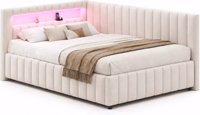 Divano letto angolare 140x200 cm con LED e porta USB in velluto beige