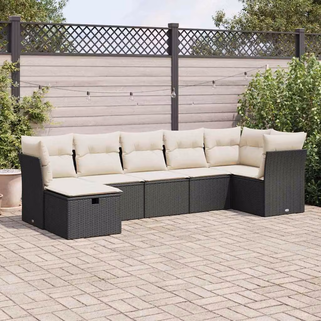 Set di divani da giardino vidaXL in polyrattan nero con 7 pezzi e cuscini imbottiti