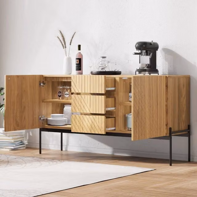 Credenza moderna 140x40x75 cm con ripiani regolabili; pannello truciolare e metallo; Natural