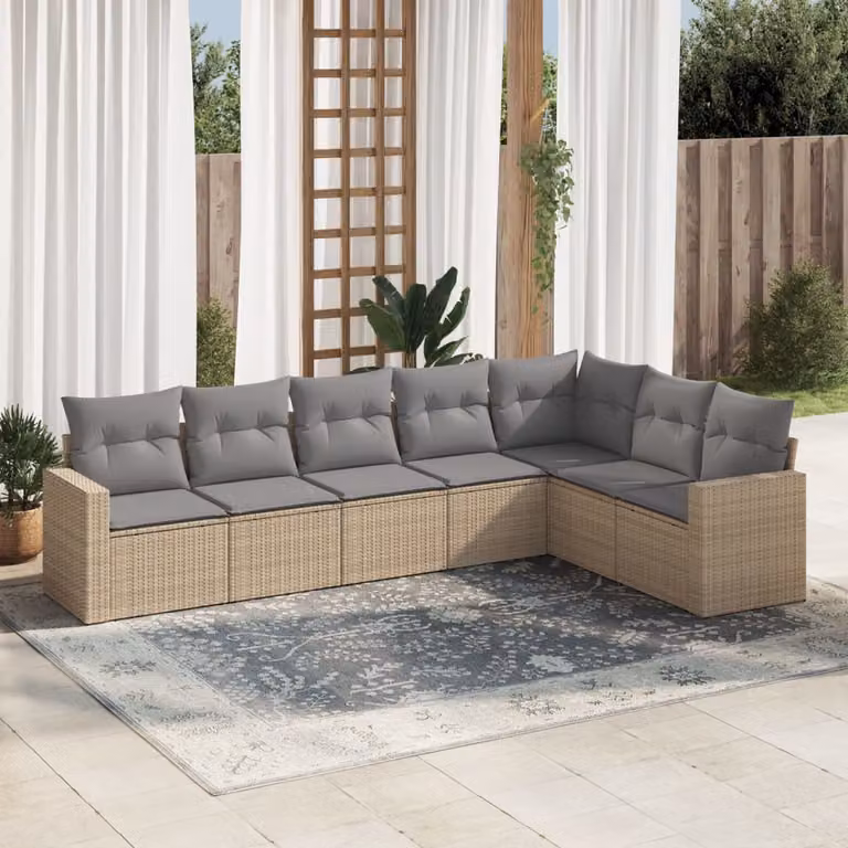 vidaXL Set Divani da Giardino 7 pz a Forma a L in Polyrattan con Cuscini Beige e Struttura in Metallo