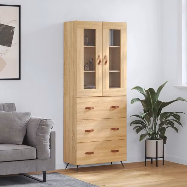 Credenza moderna vidaXL in legno e vetro color beige L: 69,5 cm, P: 34 cm, H: 180 cm