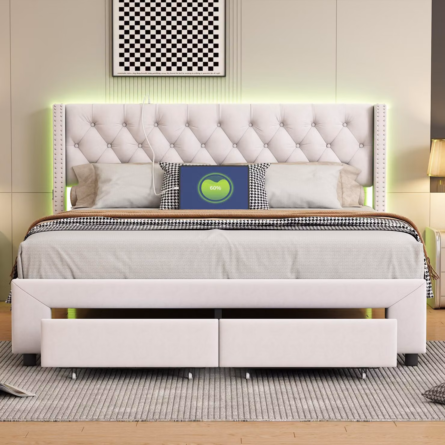 Letto imbottito Fortuna Lai 160x200 cm, letto matrimoniale imbottito con contenitore, 2 cassetti, LED, USB, velluto, beige