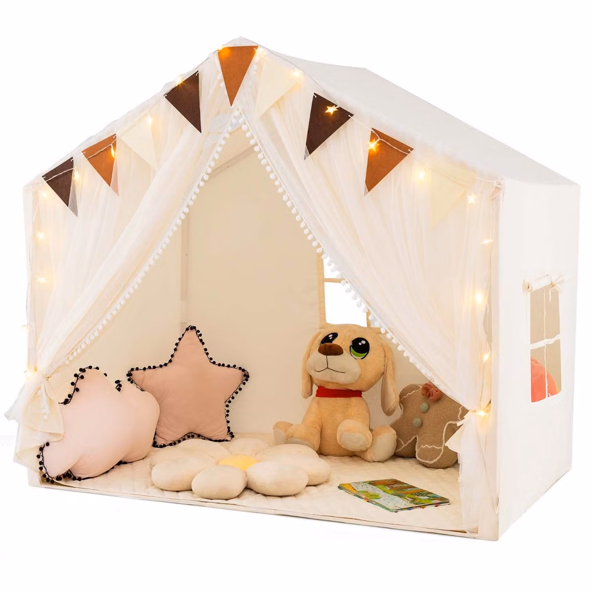 Tenda da gioco per bambini Costway con tende in tessuto e rete, luci a stella e materassino in cotone, Beige e Bianco