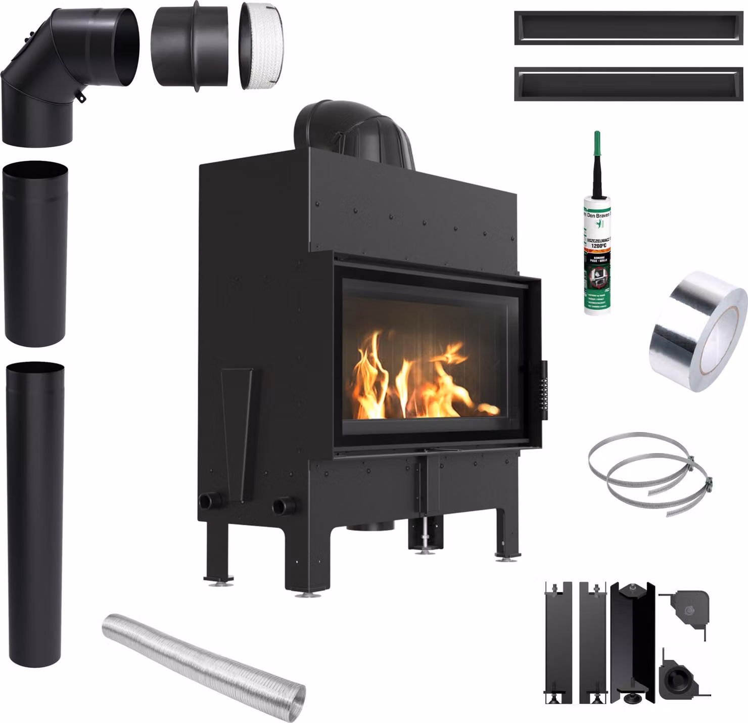 Inserto per caminetto KRATKI FLOKI 12kW Ø200 nero con serratura Set di montaggio