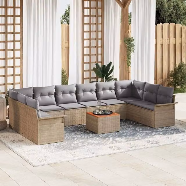 Set Divano da Giardino vidaXL a forma a U composto da 11 pezzi con cuscini in tessuto beige e grigio e tavolino da caffè in acciaio verniciato a polvere