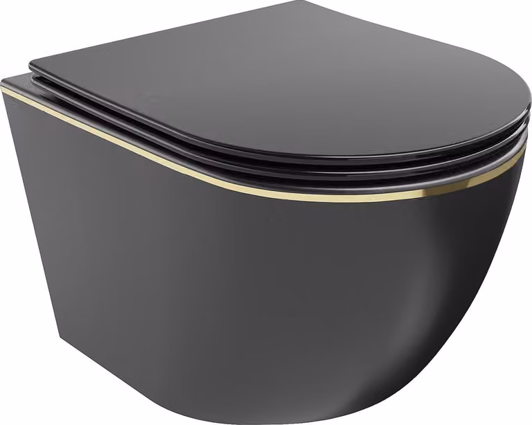 Mexen Lena vaso WC senza bordo con sedile a chiusura rallentata slim, duroplast, nero opaco / linea dorata - 30224075