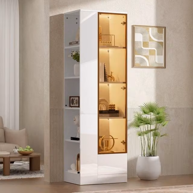 Vetrina 50x35x160 cm con illuminazione LED dimmerabile in vetro e truciolare bianco