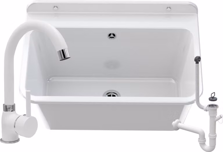 Granitan - Lavabo - Lavello - 61x41x30 cm - Bianco - con rubinetteria e sifone - Lavello - LARGE