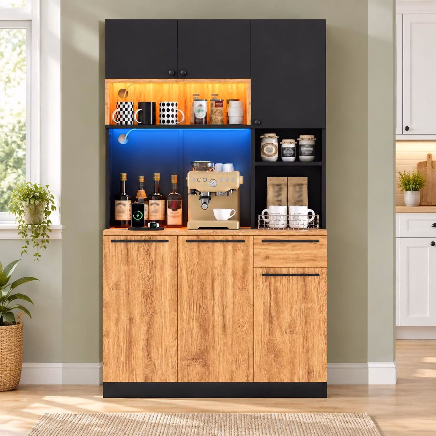 Mobiletto da cucina MODFU con illuminazione a LED, 100 × 40 × 180 cm, mobiletto alto con presa di corrente e USB, dispensa con 6 ante e 1 cassetto, colore nero e naturale