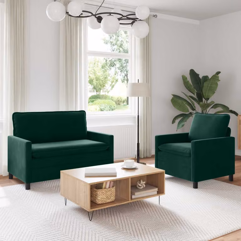 Set di 2 divani moderni vidaXL in velluto verde con struttura in metallo e cuscini inclusi