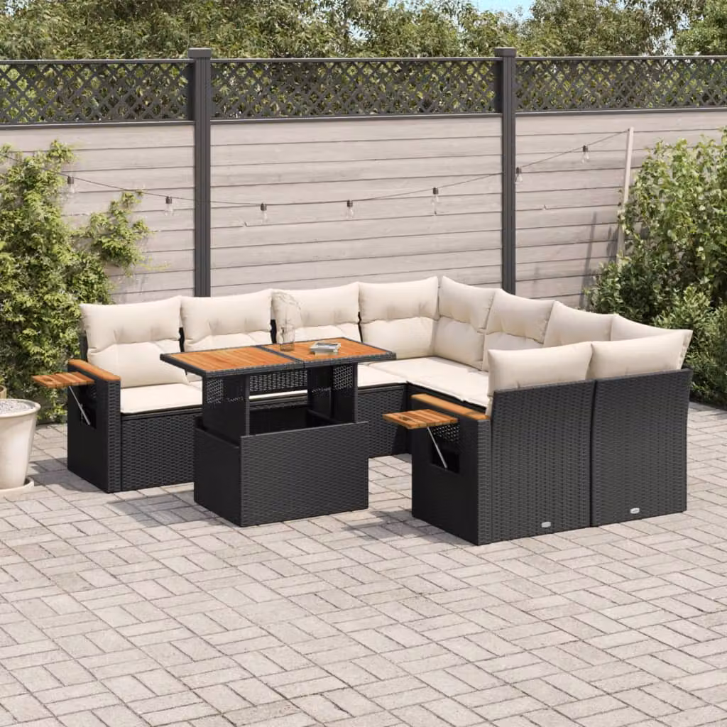 Set di divani da giardino vidaXL a forma di L composto da 9 pezzi in polyrattan nero con cuscini imbottiti e tavolino da esterno – 1
