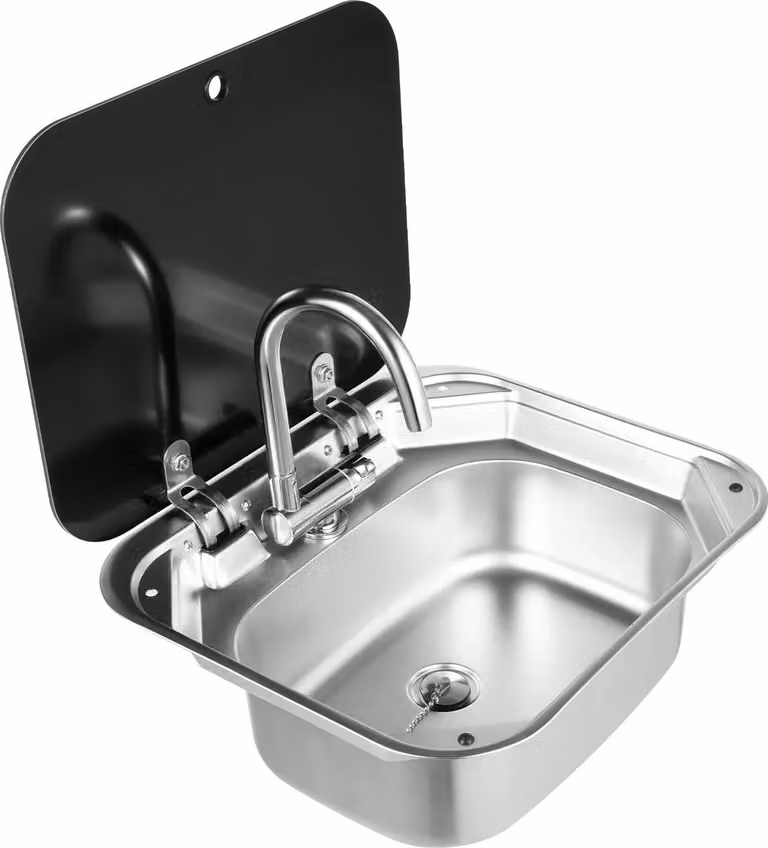 Lavello per camper/roulotte - Lavello da incasso con rubinetto - Acciaio inossidabile 304 - 31×21×10 cm - Spessore della parete 4 mm - Altezza del rubinetto 21 cm - Argento