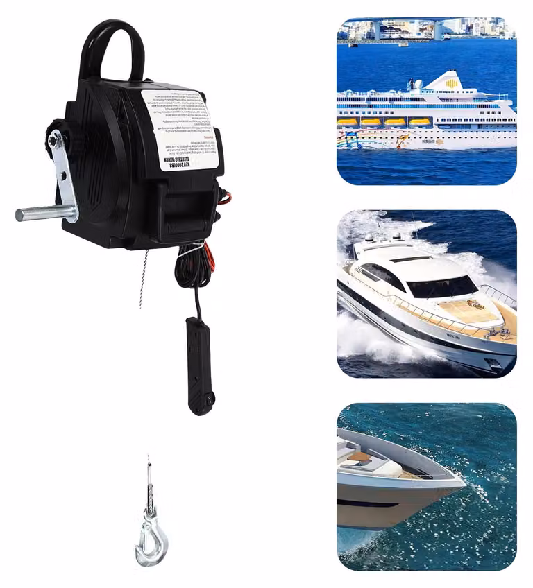 Avvolgitori elettrici, capacità di trazione nominale 907 kg, capacità di carico massima 2267,96 kg, potenza del motore 300 W, velocità a vuoto 1,8 m/s, rapporto di trasmissione 465:1