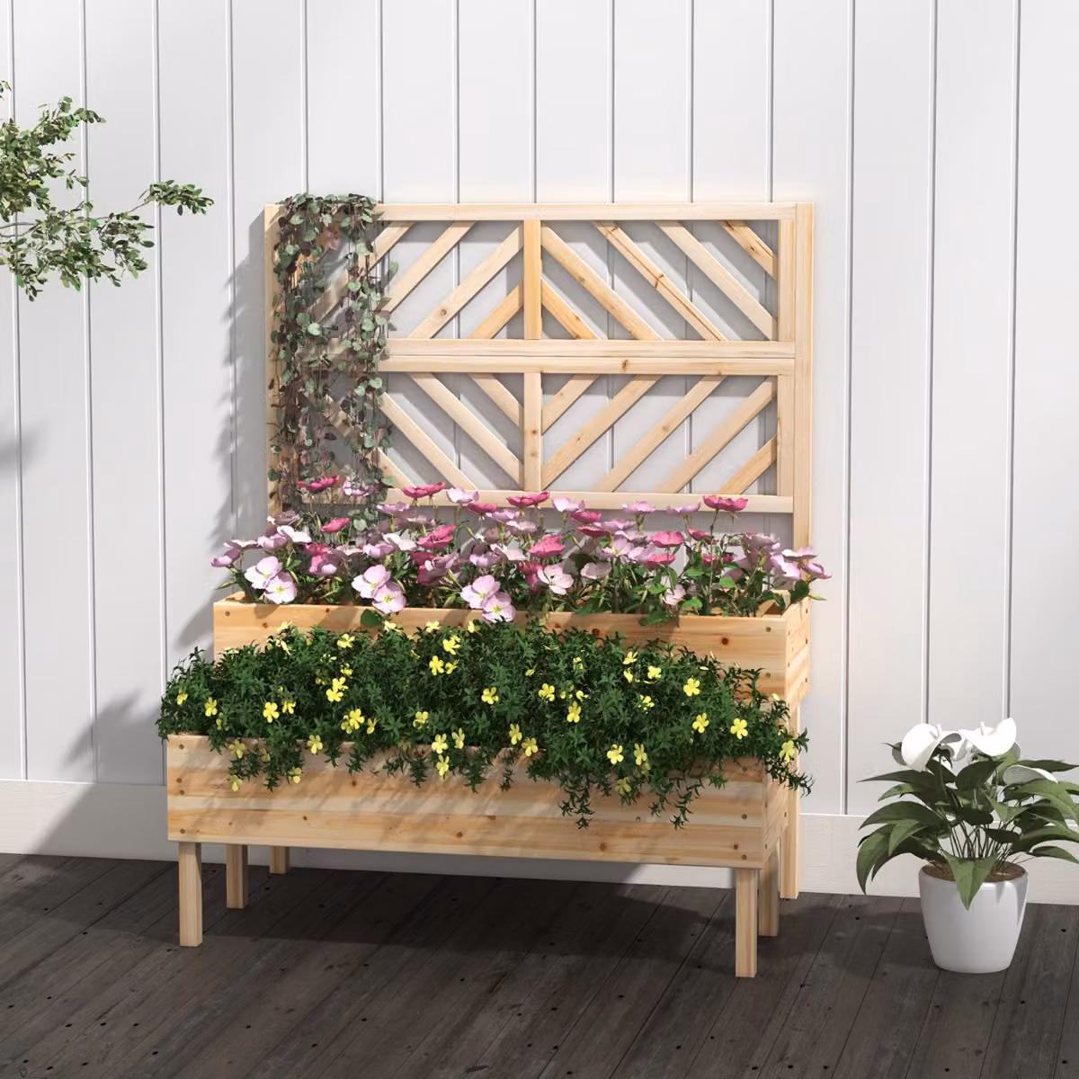 Costway Cassetta da giardino rialzata in legno marrone a 2 livelli con trellis per piante rampicanti e fori di drenaggio
