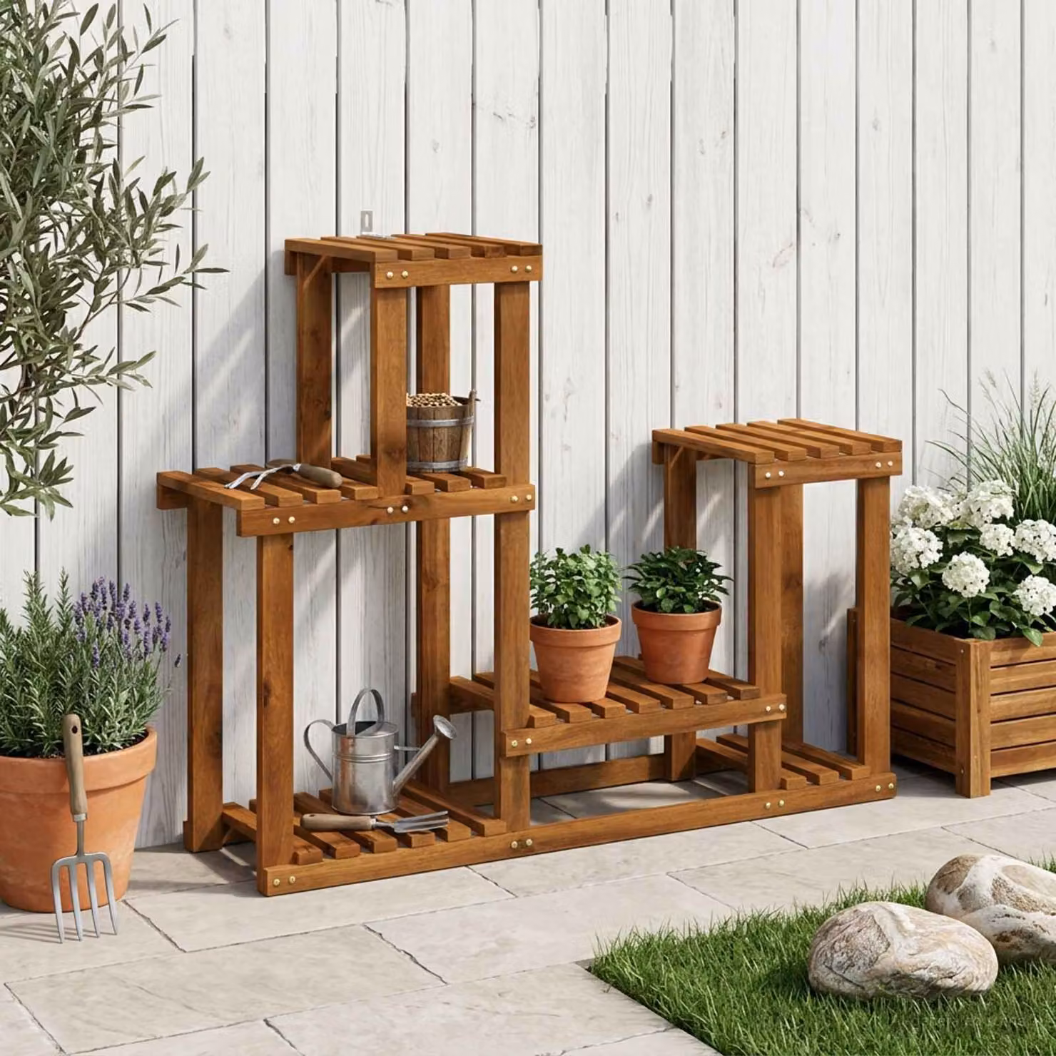 Supporto per piante moderno vidaXL in legno di acacia naturale beige e marrone L 90 cm x P 25 cm x H 73 cm
