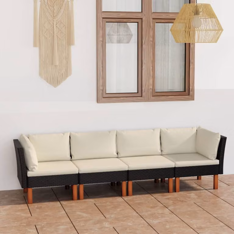 The Living Store Divano da giardino a 4 posti con cuscini in polirattan nero