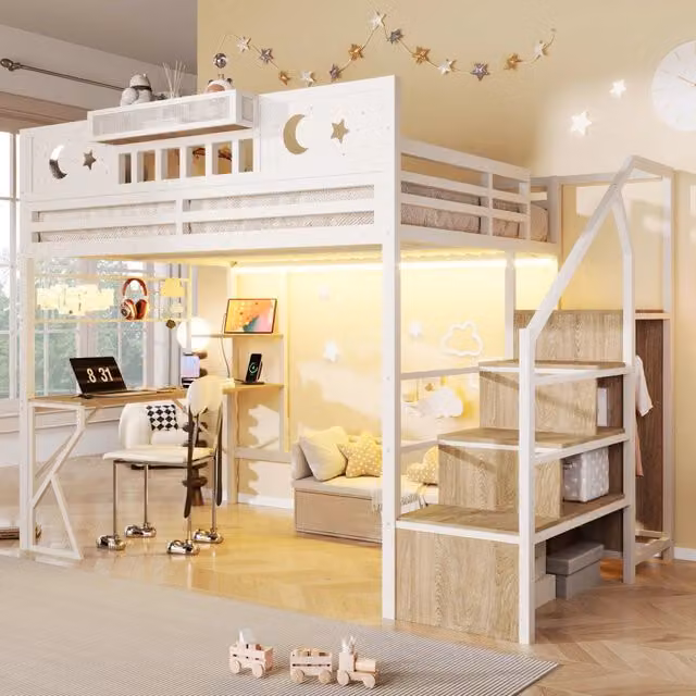 Letto a soppalco 140x200 con scrivania in metallo e MDF; LED; USB e scaffali; bianco