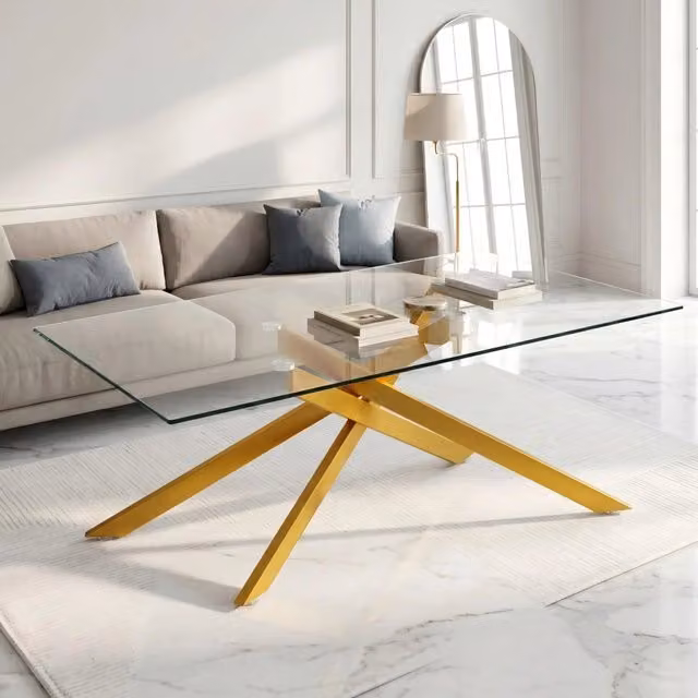 Tavolino da Salotto Rettangolare in Vetro Temperato con Struttura in Metallo Dorato, Design Moderno di Lusso, 120x60x46 cm