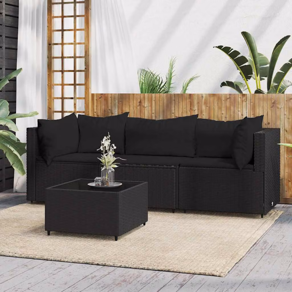 Set da giardino moderno vidaXL composto da 4 pezzi con cuscini in nero e struttura in metallo e rattan