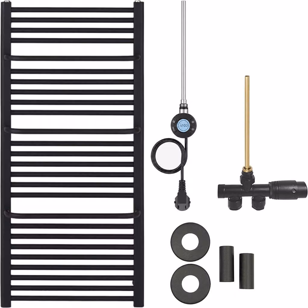Set radiatore per bagno Antonio - riscaldamento combinato, antenna Wi-Fi - collegamento laterale a un punto - 600W - nero opaco - 1460x550 mm