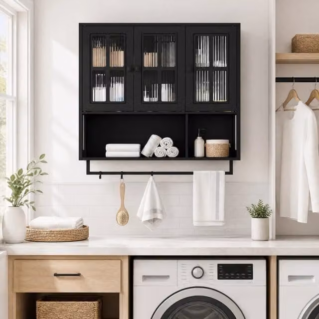 Mobile pensile WISHDOR nero opaco con ante in vetro e ripiani interni per bagno o soggiorno L: 82,5 cm, P: 26 cm, H: 10 cm