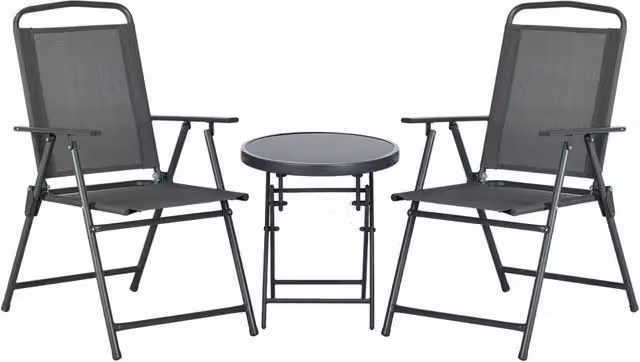 Set da giardino Giordanoshop composto da 2 sedie e un tavolino da caffè rotondo in metallo e vetro grigio opaco L/P/H: 53,5 x 64 x 93 cm e Ø 45 x 50 cm