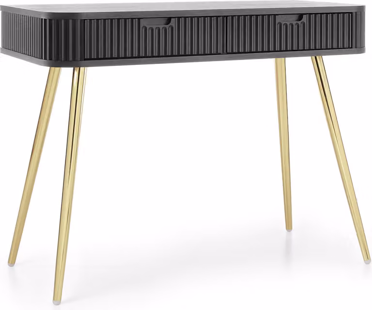 Comò da trucco con gambe nere e dorate, mobile contenitore, 2 cassetti, design moderno