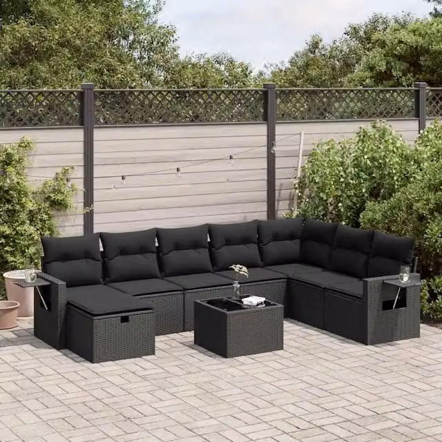 Set Divani da Giardino 9 pz con Cuscini Nero in Polyrattan 3325541