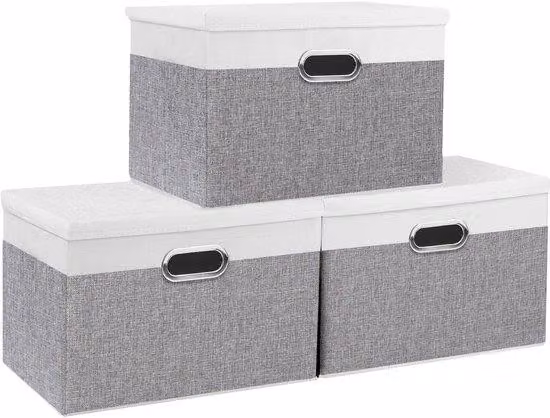 Ibenzoa® Set di 3 contenitori pieghevoli in tessuto con coperchio – (32×23×20 | 38×25×25 | 45×30×30 cm), Bianco grigio/Beige, base in PP e maniglia in metallo