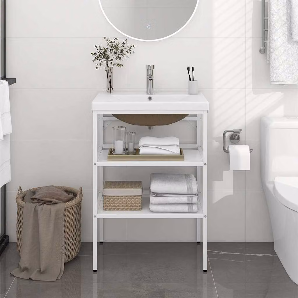 vidaXL Telaio per Lavabo da Bagno con Lavabo Integrato in Ceramica e Metallo Bianco, Design Moderno a Parete – 1