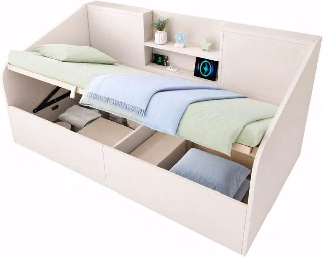 Letto singolo a divano 90x190 cm con contenitore idraulico in MDF e legno massello; bianco